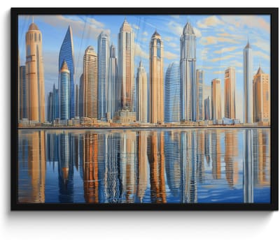 Poster in lijst - Fotolijst 70x50 cm - Posters - Skyline - Wolkenkrabbers - Water - Blauw - Posterlijst zwart - Decoratie - Wanddecoratie woonkamer - Muurdecoratie slaapkamer