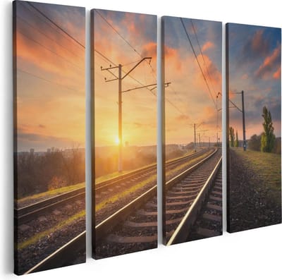 Artaza Canvas Schilderij Vierluik Rails Spoorweg Bij Zonsondergang - 80x60 - Foto Op Canvas - Canvas Print