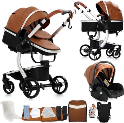 Kinderwagen 3-in-1 - Babywagen Modulair - Comfortabel Reizen - Dubbele Duwrichting - 4 Wiel - Khaki
