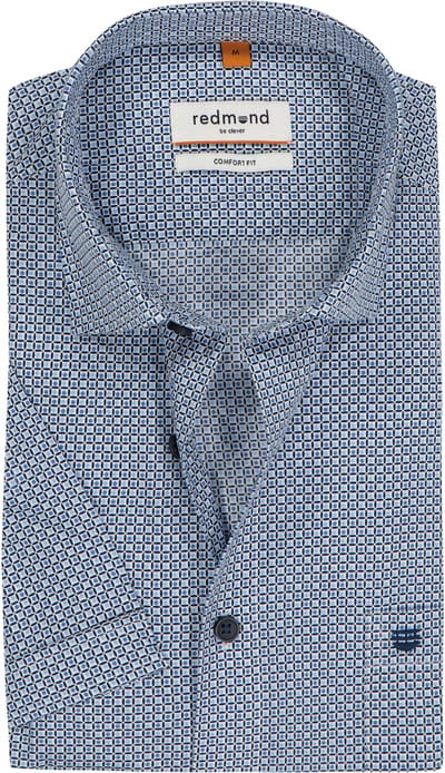 Redmond comfort fit overhemd - korte mouw - popeline - licht- en donkerblauw met wit dessin