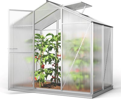 GFP tuinkas ECO-STAR 2 aluminium 192x131 cm, 6 mm kanaalplaten polycarbonaat, met fundamentframe & automatische dakraamopener