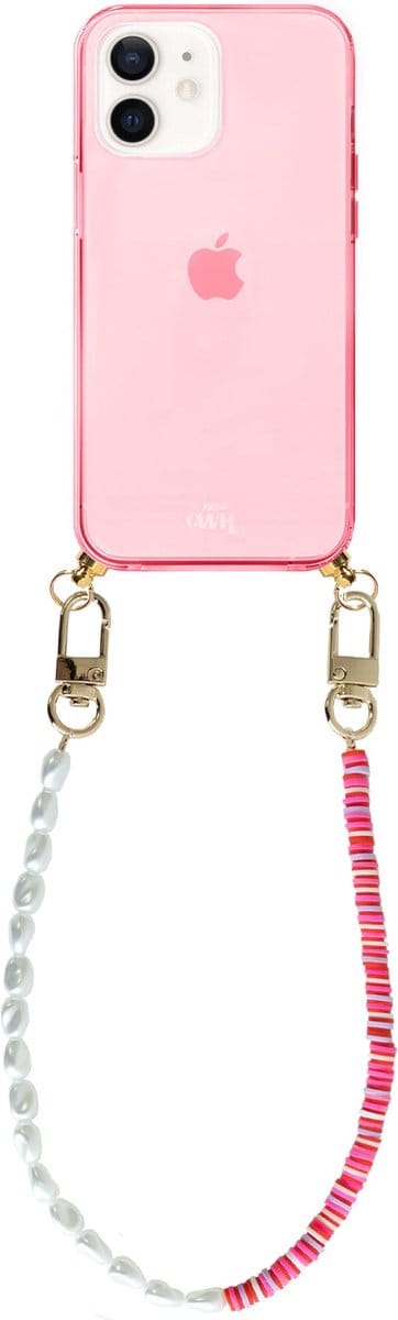 xoxo Wildhearts silicone case met koord - Roze telefoonhoesje met koord - telefoonketting - Island Girl - short - Cord Case - geschikt voor Apple iPhone 11 - Korte parelketting / kralenketting - Parels - Wit / Roze