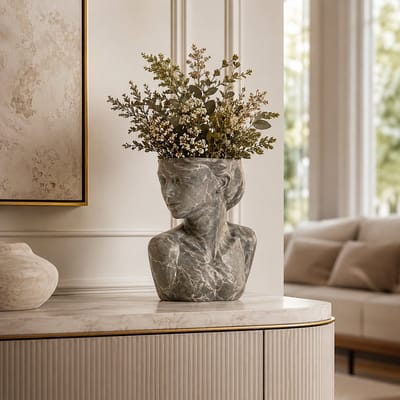 Vrouw Buste Vaas Marmerlook Grijs – Decoratief Beeld & Bloempot 19,5x24x11 cm – Polyresin Ornament – Luxe Woondecoratie voor Droogbloemen, Kunstbloemen, Dressoir, Tafel & Interieur