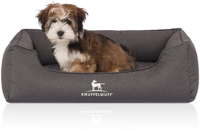 Knuffelwuff orthopedisch waterafstotend hondenbed Leon van velours met handgeweven karakter M-L 85 x 63cm antraciet