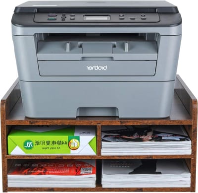 Houten Printerstandaard met Opbergruimte, Bureau Printer Plank met 3 Open Compartimenten voor Thuis en Kantoor, Antiek Bruin, Ideaal voor Organisatie en Ruimtebesparing