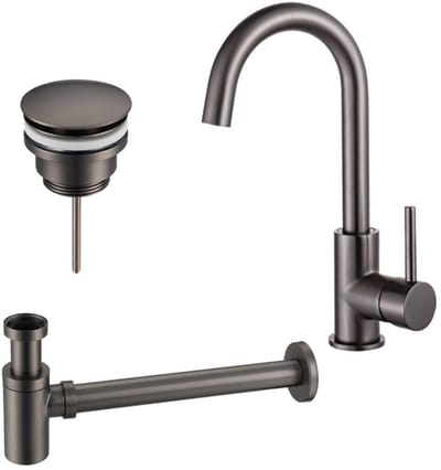 FugaFlow Eccelente Sobrado Badkamer Wastafelkraanset - hoge wastafelkraan - draaibare uitloop - klikwaste plug - verlaagde design sifon - PVD Gepolijst Gunmetal