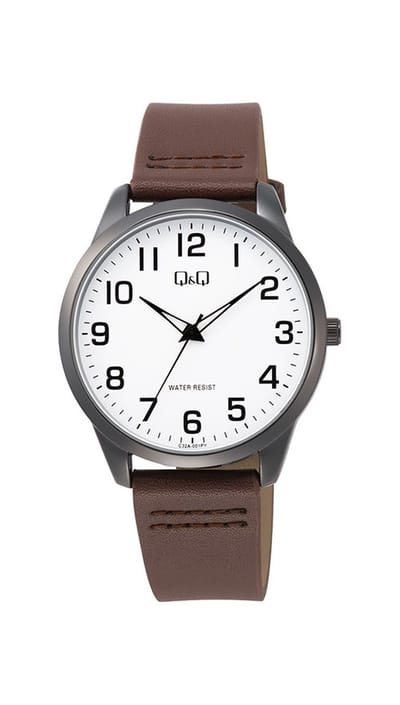 Q&Q C32A-001PY - Horloge - Analoog - Heren - Mannen - Leren band - Rond - Metaal - Bruin - Zwart - Wit