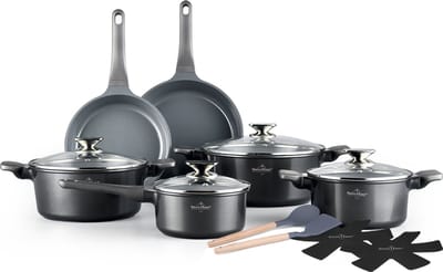Swiss Haus® BP3014S Pannenset Inductie - 14 Delige Pannensets - PFAS Vrij - Set Met Koekenpannen, Kookpotten & Steelpan - Pannen Voor Alle Warmtebronnen - Pan met Sapphire™ Antiaanbaklaag - Grijs