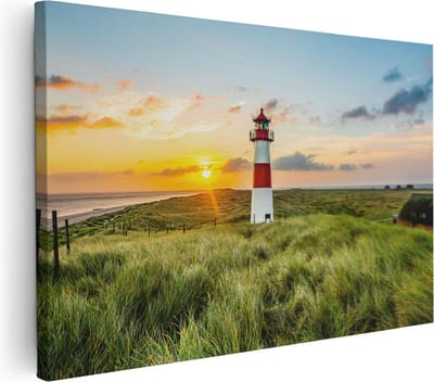 Artaza Canvas Schilderij Vuurtoren - 60x40 cm - Wanddecoratie Zee - Muurdecoratie Strand - Decoratie Duinen - Schilderijen Op Canvas