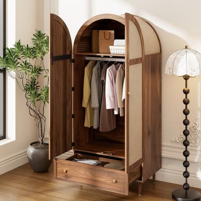 MODENUIT Kledingkast - Met Stoffen Deuren En Lade - Voor Slaapkamer En Logeerkamer - MDF Houtkleur - 79x50x175 Cm