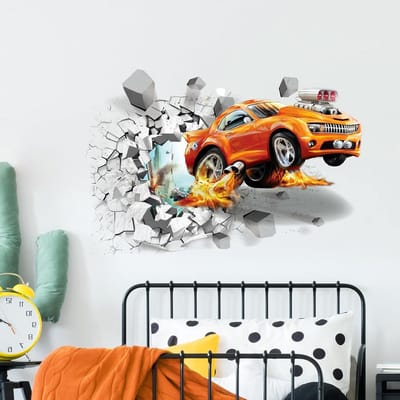 3D Muurstickers voor Jongens - Gebroken Muur Sportauto Wanddecoratie voor Kinderkamer, Woonkamer en Slaapkamer - Creatieve Muurdecoratie voor Thuis