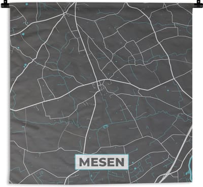 Wandkleed - Wanddoek - Stadskaart – Grijs - Kaart – Mesen – België – Plattegrond - 180x180 cm - Wandtapijt