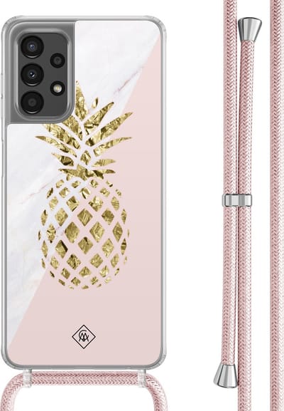 Casimoda® hoesje met rosegoud koord - Geschikt voor Samsung A13 4G - Ananas - Afneembaar koord - TPU/polycarbonaat - Roze