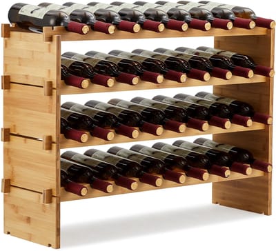 Bamboe Wijnrek 4 Lagen - Stapelbaar Flessenrek voor 36 Flessen - Vrijstaand Wijnrek van 1,5 cm Dik Bamboe - 84 x 26 x 54 cm - Modulair Wijnopslag Rek voor Keuken, Woonkamer en Wijnkelder