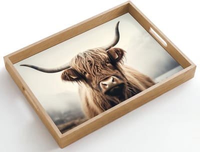 Dienblad hout 50x35 cm - Schootdienblad - Schotse hooglander - Hoorns - Landschap - Borrelplank rechthoek - Plateau dienbladen