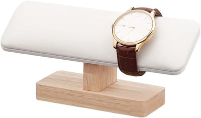 Houten Uhrenständer met T-Bar Armbandhouder, PU-Lederen Sieraden Organizer voor Thuisgebruik en Verkoop, Wit, 19.2x5x8.7cm, Perfect voor Armbanden en Kettingen