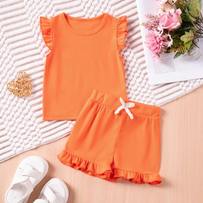 Ensemble d'été 2 pièces pour filles d'âge préscolaire, short décontracté à manches courtes de couleur unie pour filles, vêtements confortables et doux 120 orange