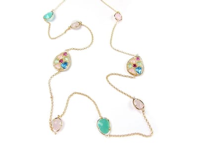 Zilveren collier halsketting geel goud verguld Model Golden Colors gezet met gekleurde stenen roos en groen