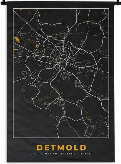 Wandkleed - Wanddoek - Goud – Duitsland – Plattegrond – Gold – Stadskaart – Kaart – Detmold - 120x180 cm - Wandtapijt