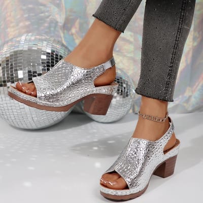 Sandales d'été pour femmes, nouvelles sandales à talons hauts épais, sandales serpent à bout ouvert, chaussures pour femmes, talons hauts et talons épais 40 argenté