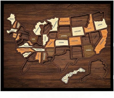 Houten Kaart Puzzel - Reis Tracker - Avonturen Documenteren - Met Elementen Sticker - 30 x 25 cm - Bruin