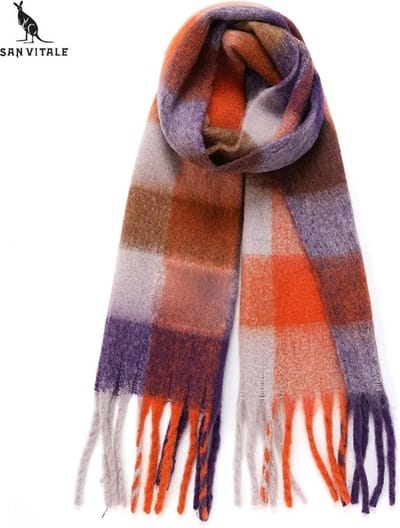 San Vitale® - 1.7 Luxe Winter Sjaal - Sjaal dames - Wol Mix - Omslagdoek - Geblokt - Paars/Oranje