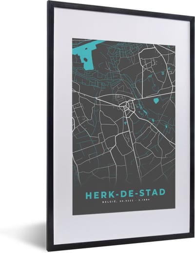 Fotolijst incl. Poster - Plattegrond – Herk de Stad – Blauw – Stadskaart - Kaart - 40x60 cm - Posterlijst