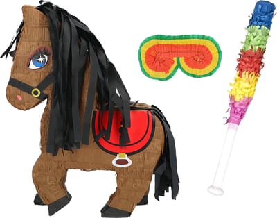 Boland Verjaardag Pinata Paard - 45 x 33 cm - papier - set met stok 54 cm en masker - Kinderfeestje