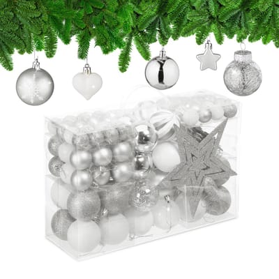 kerstballen - set van 101 - plastic - onbreekbaar - kerstpiek ster - zilver/wit