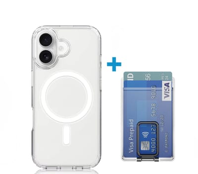 VOWLUX transparant hoesje en losse wallet pasjeshouder geschikt voor iphone 17 – magsafe compatible met 32 magneten – pasjeshouder voor 2 pasjes – zwarte klep – telefoonstandaard hoes case
