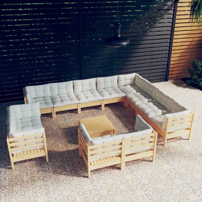vidaXL - 13-delige - Loungeset - met - crèmekleurige - kussens - grenenhout
