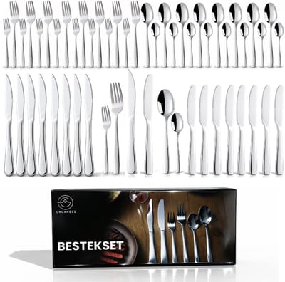 Organess 8 Persoons Bestekset (48-delig) - Messen, Steakmessen, Lepels, Vorken & Gebaksvorkjes - Vaatwasserbestendig - Glanzend Zilver / Edelstaal