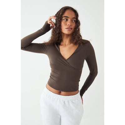 Dames DSGN Studio Ultra Sculpt Wrap Voorpand Gevoerde Lange Mouwen Top | Espresso | Maat: XL