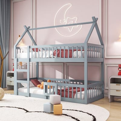 Stapelbed 90x200 - Kinderbed met Trap en Loft Design - Massief Hout - Grijs