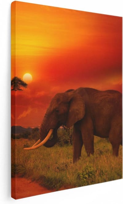 Artaza Canvas Schilderij Zonsondergang Afrika - 30x40 cm - Klein - Wanddecoratie Olifant - Muurdecoratie Dieren - Schilderijen Op Canvas