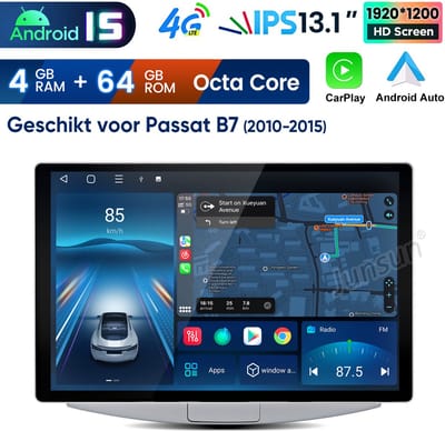 Junsun Android 15 Autoradio Geschikt voor VW Passat B7 CC 2010-2015, 4GB+64GB, Draadloze CarPlay & Android Auto, DAB+, GPS-Navigatiesystem, Bluetooth, 10.1-inch 2K Touchscreen, RDS & FM, WIFI & 4G, DSP, Octa-core processor