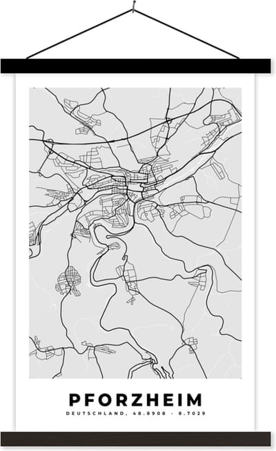 Posterhanger incl. Poster 40x60 cm - Schoolplaat - Duitsland - Kaart - Stadskaart - Plattegrond - Pforzheim - Textielposter - Zwarte latten - Stadskaart