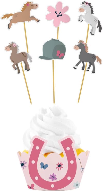 Cupcake Decoratie Set Happy Horses (6st) - Folat - Cupcake wikkels met bijpassenden prikkers Paarden thema 6 stuks