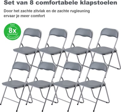 BARDI Set van 8 - Klapstoel - Vouwstoel - Opvouwbare Stoel - Comfortabel & Lichtgewicht - 100kg draagkracht - 43 x 38 x 87 cm - PVC - Eettafelstoel - GRIJS