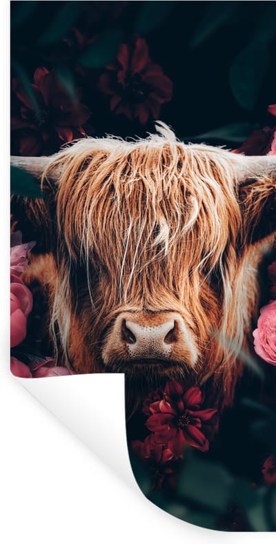 Muurstickers - Sticker Folie - Koe - Schotse hooglander - Bloemen - botanisch - 40x80 cm - Plakfolie - Muurstickers Kinderkamer - Zelfklevend Behang - Zelfklevend behangpapier - Stickerfolie