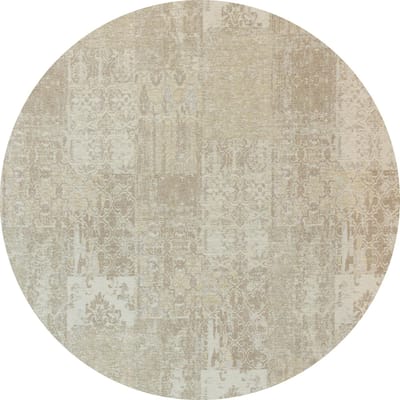 Vintage rond vloerkleed - Patchwork - Tapijten woonkamer - Cappuccino Crème - 110cm ø