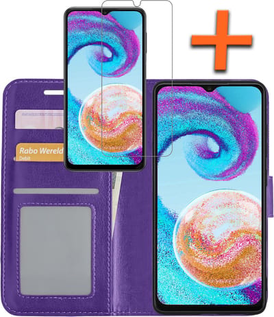 Hoes - Met Screenprotector - Geschikt voor Samsung Galaxy A04s - Luxe Pasjeshouder - Bookcase Portemonee - Flip Case - Kunstleer Book Case - Flipcase - Book Cover - Walletcase - PortemonneeHoes - Paars
