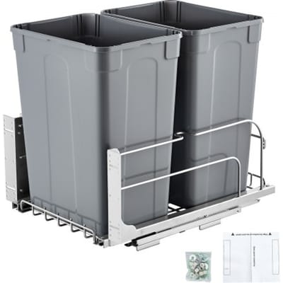 VEVOR Uittrekbare afvalbak (35 qt x2), dubbele onderbouwafvalbak voor in de keuken, prullenbak met deurset en soft-close schuif, voor keukenkastspoelbak onder het aanrecht (grijs)