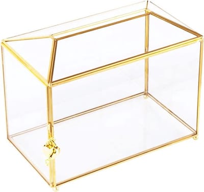 Gouden Glazen Enveloppenkist met Slot – 26 cm – Bruiloft, Verjaardag, Afstuderen
