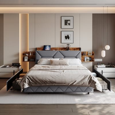 Bed 160x200 Grijs Linnen – met USB-C, USB & 4 Lades