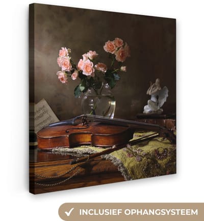 Canvas schilderij 20x20 cm - Wanddecoratie Viool - Rozen - Roze - Bloemen - Stilleven - Muurdecoratie woonkamer - Slaapkamer decoratie - Kamer accessoires - Schilderijen op canvas