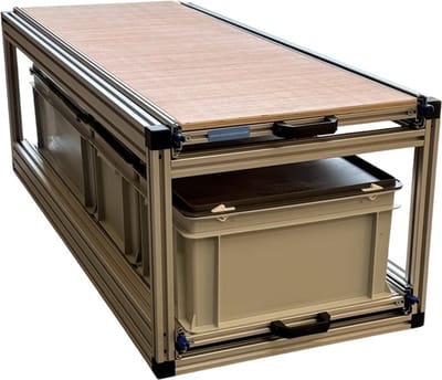 Dubbel schuifframe voor camper 120x40 cm met gesloten bakken en houten topplaat - belastbaar 130 kg
