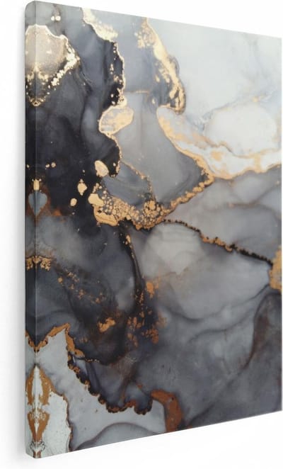 Artaza Canvas Schilderij Abstract Marmer - 30x40 cm - Klein - Muurdecoratie Goud - Wanddecoratie Industrieel - Kamer Accessoires Zwart
