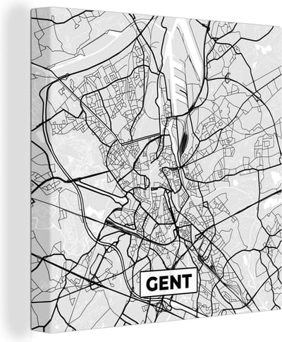 Canvas Schilderij Kaart – Plattegrond – Stadskaart – Gent – België – Zwart Wit - 20x20 cm - Wanddecoratie