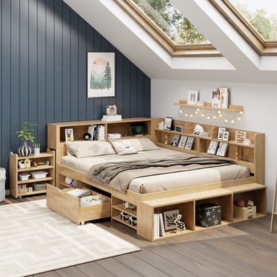 MODFU - Kinderbed Met Opbergruimte En Lattenbodem - Eenvoudig Ontwerp - Multiplex - Naturel - 140 X 200 Cm